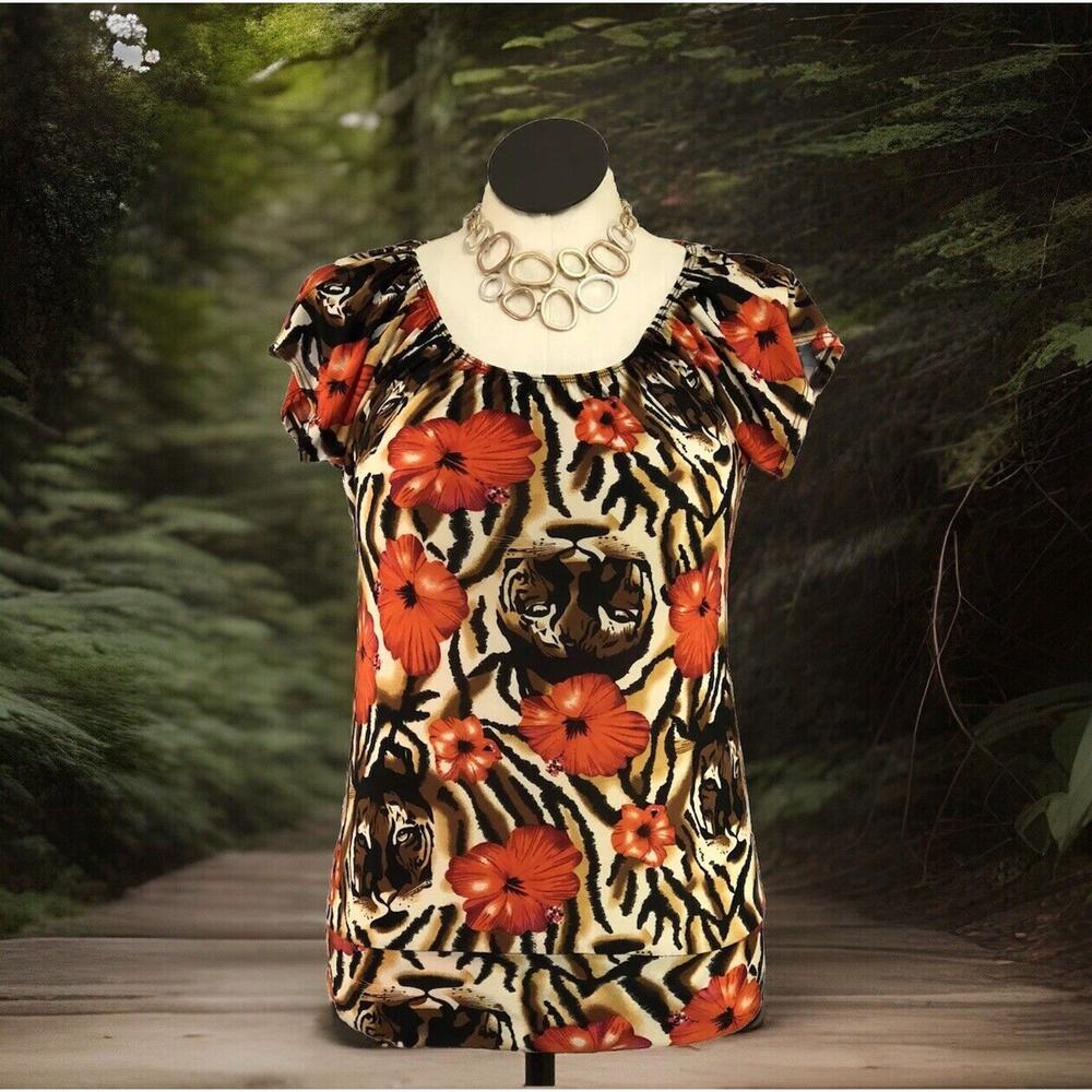Emily Stacy Top Women S Colorful Floral Tiger Blouse Flutter-SLV Lightweight